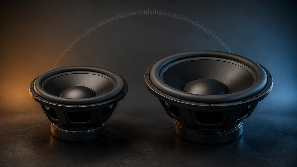 Two generic car subwoofer drivers of different diameters shown side by side with a neutral scale motif.