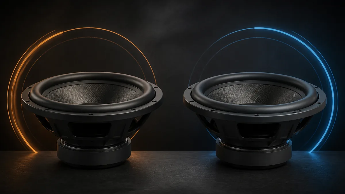 Two visually matched generic car subwoofers presented as a neutral side-by-side comparison.