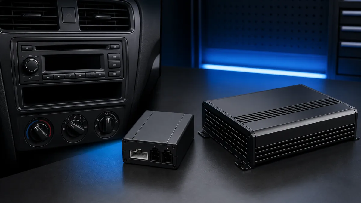Generic factory car stereo and unbranded amplifier represented as separate blocks in a conceptual integration scene.