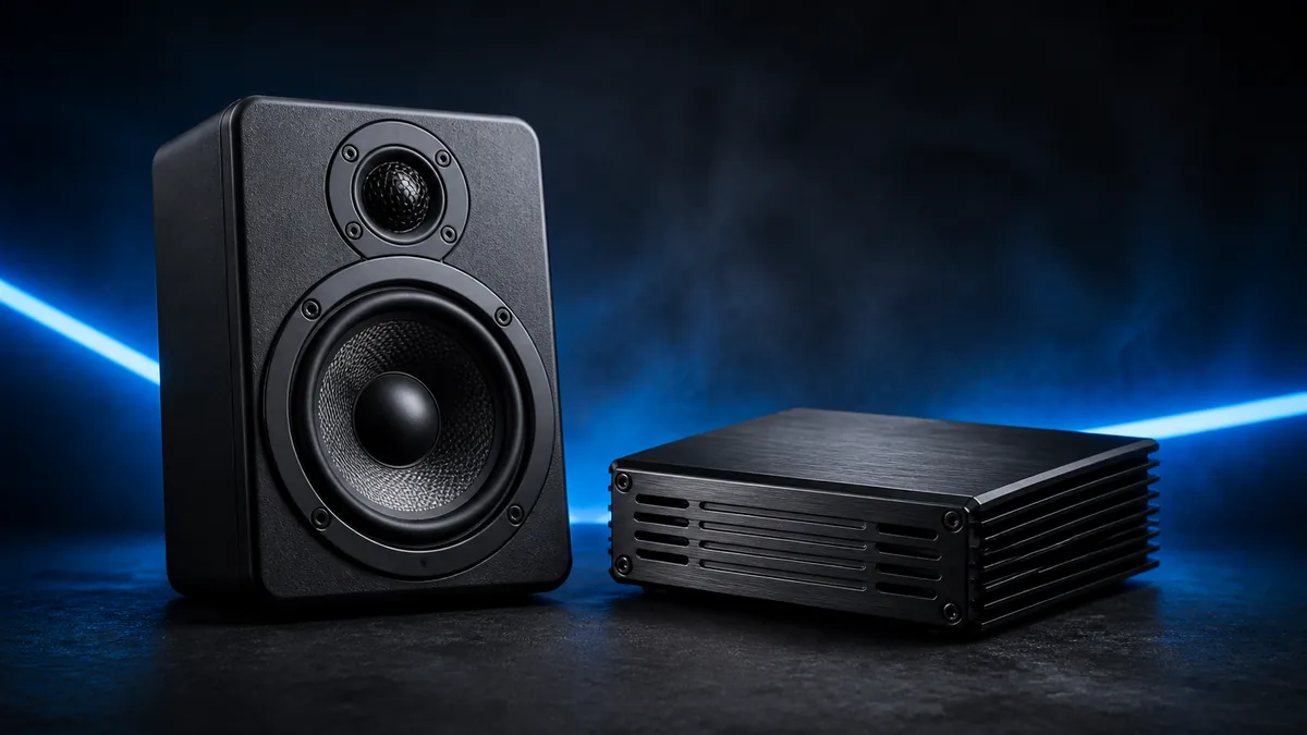 Generic car speaker and compact amplifier arranged as a neutral system-design comparison.