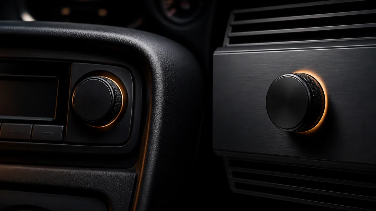 Two unbranded audio control knobs representing amplifier gain and listening volume on a clean dashboard-and-amplifier scene.