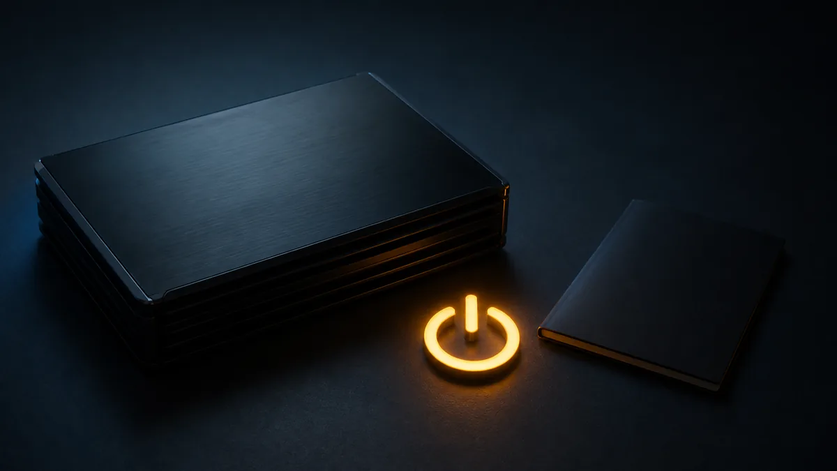 Abstract control switch motif beside a disconnected unbranded car amplifier in a dark clean studio.