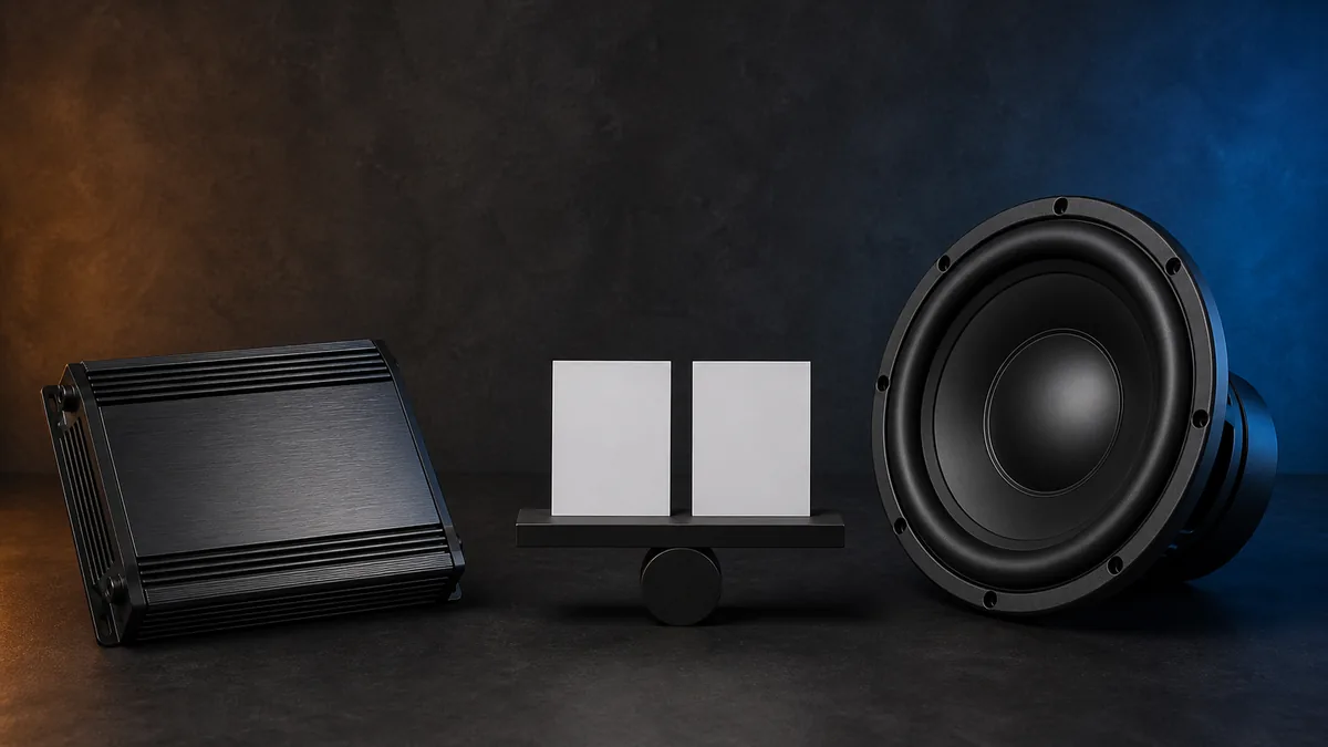 Unbranded car amplifier and subwoofer arranged beside blank specification cards on a dark workbench.