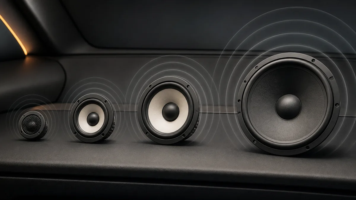 Conceptual illustration of tweeter, midrange, woofer, and subwoofer drivers beneath sound-wave ripples of different spacing.