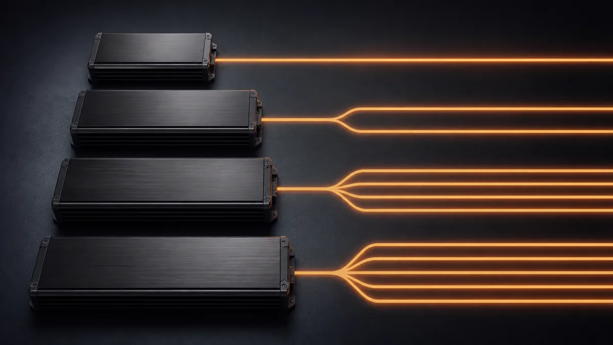 Unbranded mono and multichannel car amplifiers arranged as one, two, four, and five conceptual signal lanes.