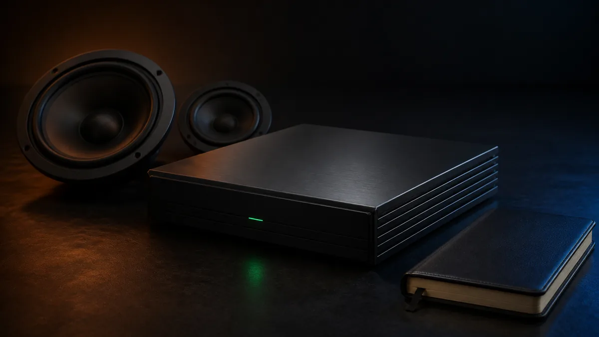 Powered-status glow on a disconnected unbranded amplifier beside muted speaker props and a diagnostic notebook.