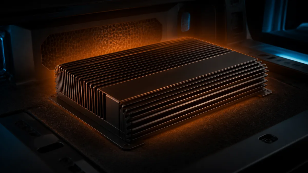 Generic finned car amplifier in a warm-toned ventilated installation scene without wiring or temperature claims.