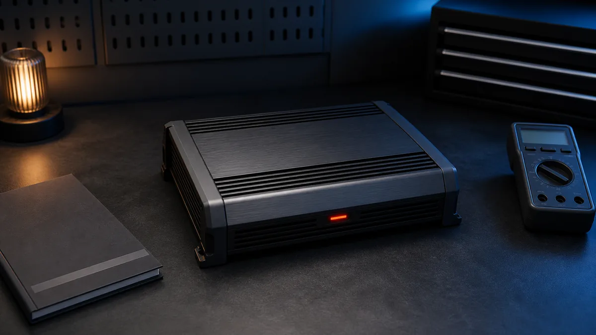 Unbranded car amplifier with an abstract red status light beside a closed manual and diagnostic meter.