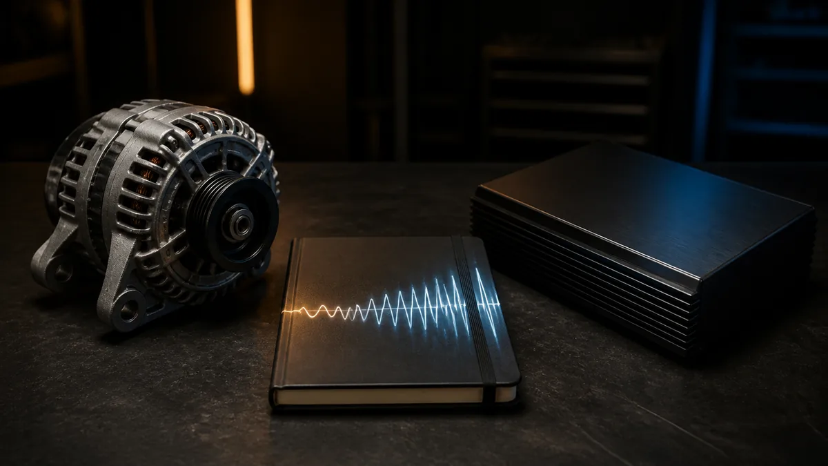 Unbranded car audio components beside a waveform notebook and alternator prop in a clean diagnostic scene.