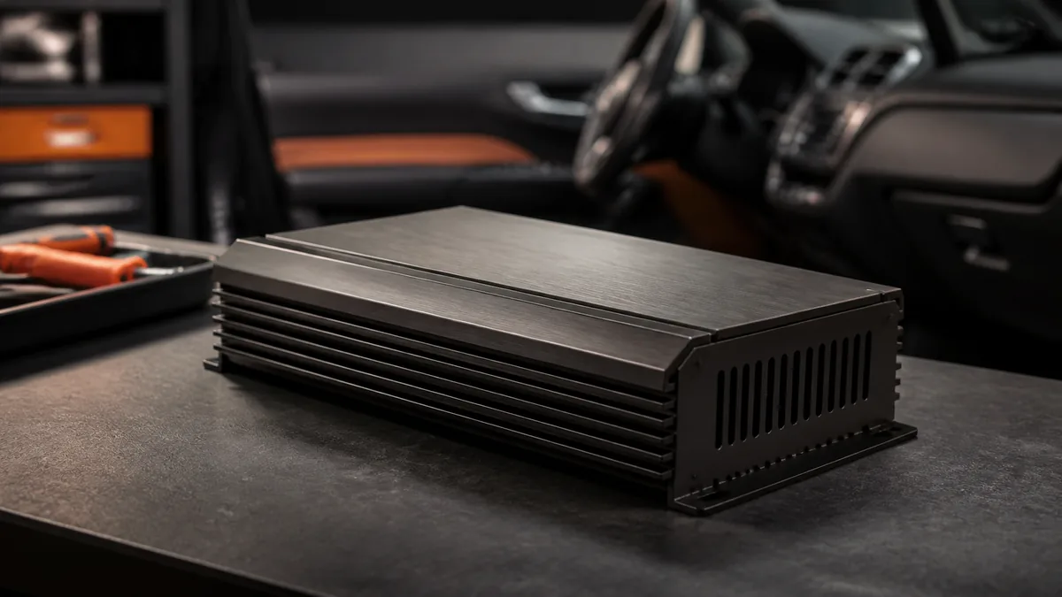 Conceptual illustration of a finned, unbranded car-audio amplifier on a clean workbench beside a vehicle cabin.