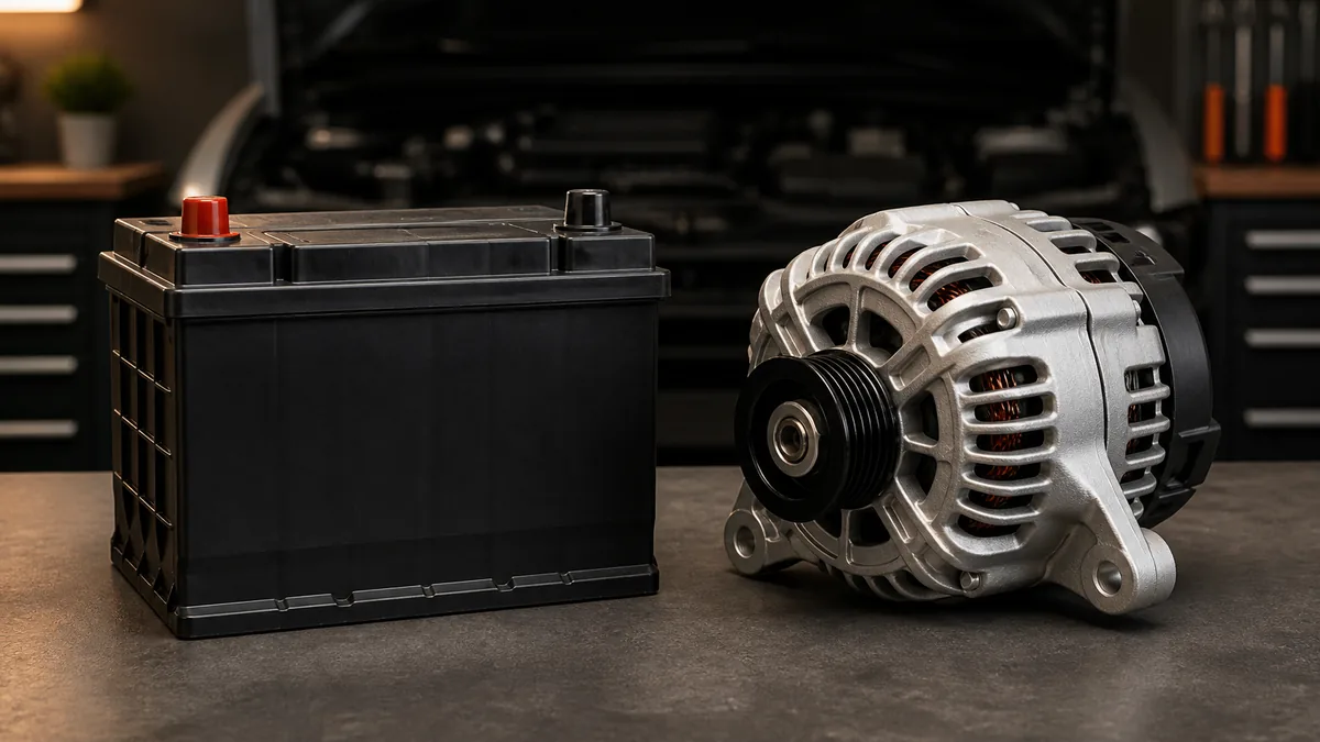 Unbranded automotive battery and alternator displayed side by side in a clean workshop setting.
