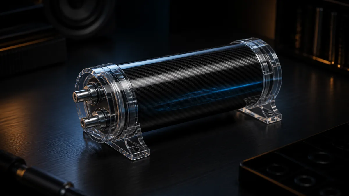 Generic cylindrical car-audio power capacitor displayed disconnected on a clean electronics bench.