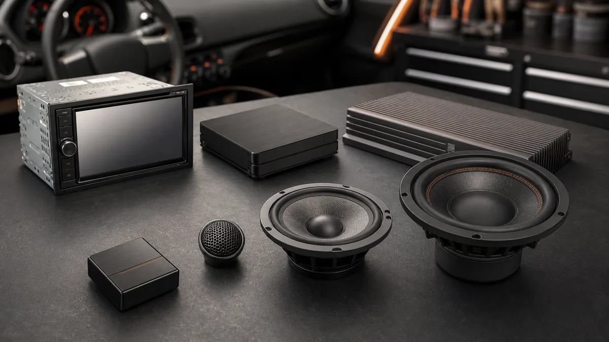 Conceptual illustration of an unbranded head unit, processor, amplifier, speaker drivers, and signal device on a workbench.