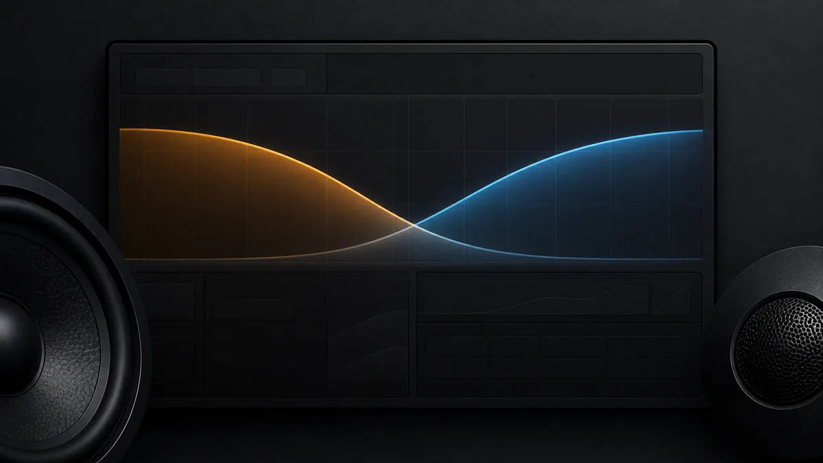 Abstract overlapping low and high frequency bands on an unbranded car-audio processor interface with no readable settings.