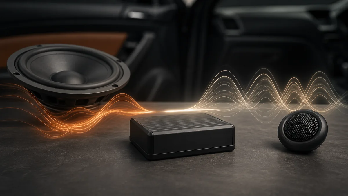 Conceptual illustration of an unbranded car-audio crossover dividing one waveform into high- and low-frequency paths.