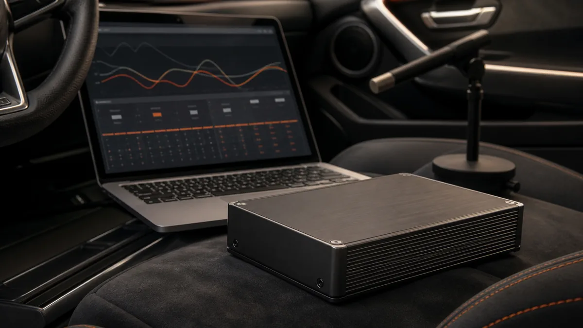 Conceptual illustration of an unbranded car-audio DSP beside a laptop with abstract tuning curves and a measurement microphone.