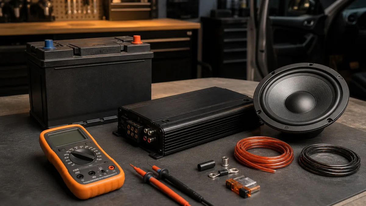 Unbranded battery, car amplifier, loudspeaker, and multimeter arranged on an automotive electronics workbench.