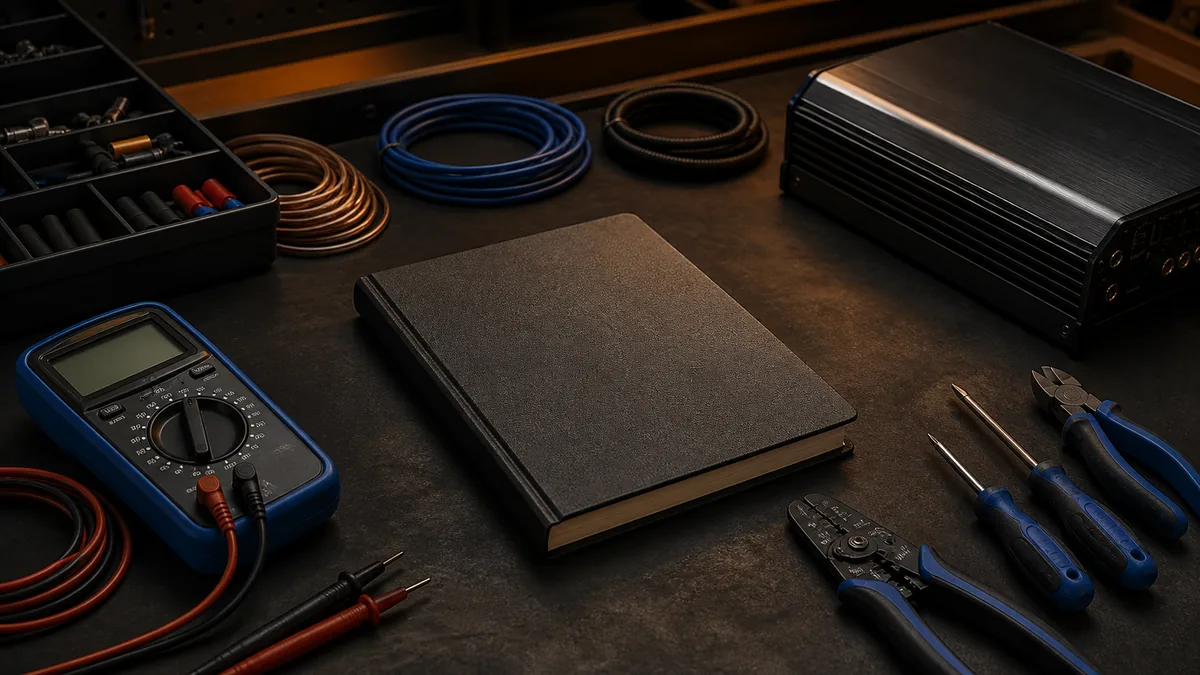 Organized unbranded car-audio planning tools and closed manuals on a clean workshop bench.