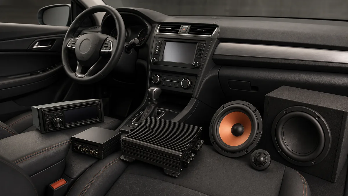 Conceptual illustration of an unbranded car cabin with a head unit, processor, amplifier, tweeter, speakers, and subwoofer.