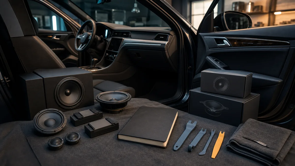 Clean vehicle interior workspace with unbranded trim tools, notebook, and boxed audio components.