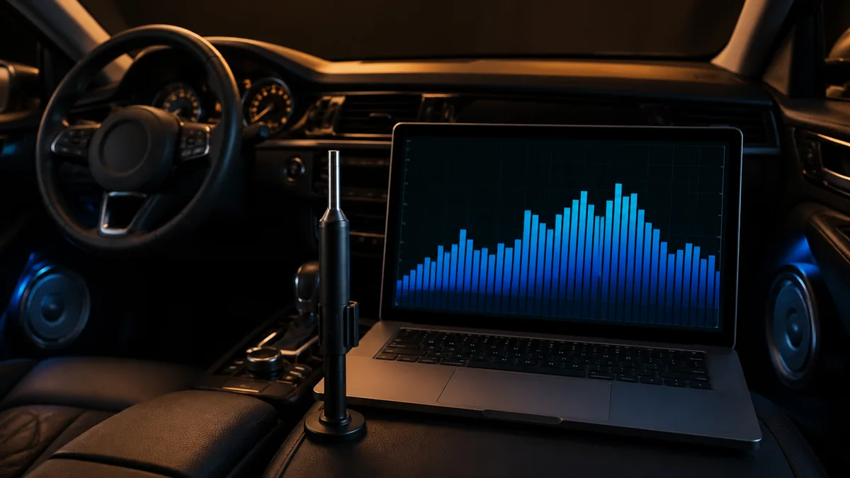 Calibrated-style measurement microphone beside an abstract frequency spectrum display in a car cabin.
