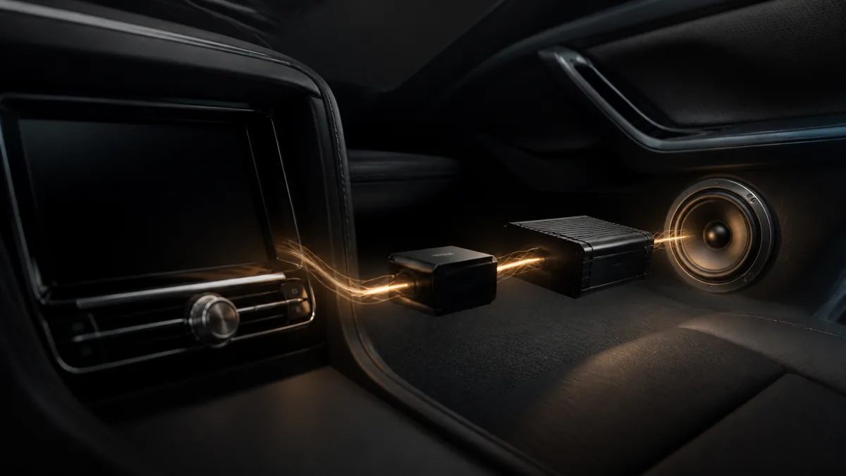 Conceptual illustration of an amber signal ribbon linking a dashboard source, processor, amplifier, and speaker inside a car cabin.