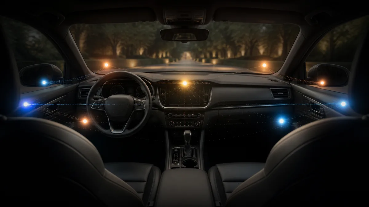 Driver-seat view of an unbranded car cabin with abstract instrument positions spread across the dashboard.