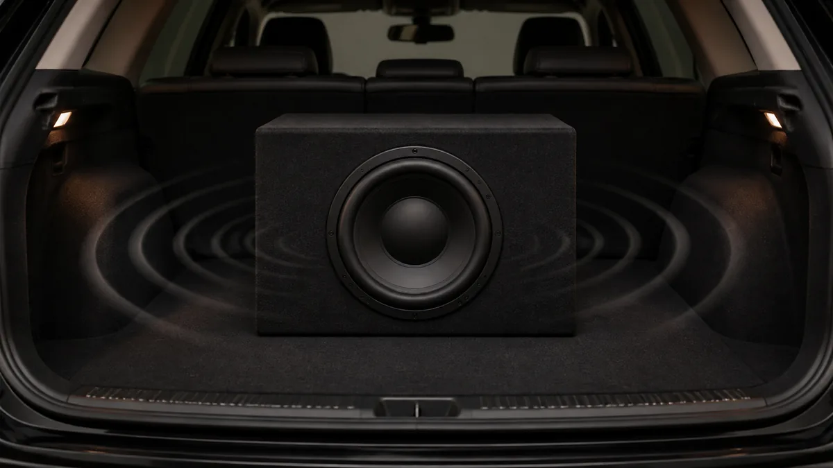 Conceptual illustration of an unbranded car-audio subwoofer mounted in a simple enclosure inside a vehicle cargo area.