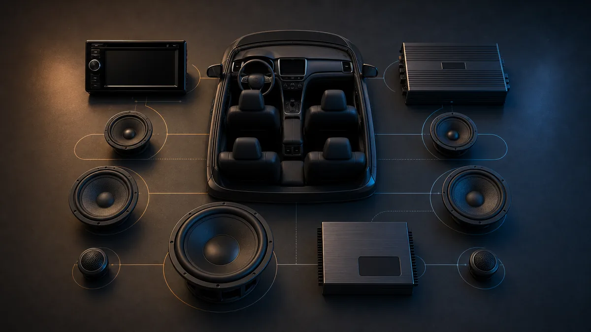 Unbranded car-audio components arranged as a planning map around a clean vehicle cabin silhouette.
