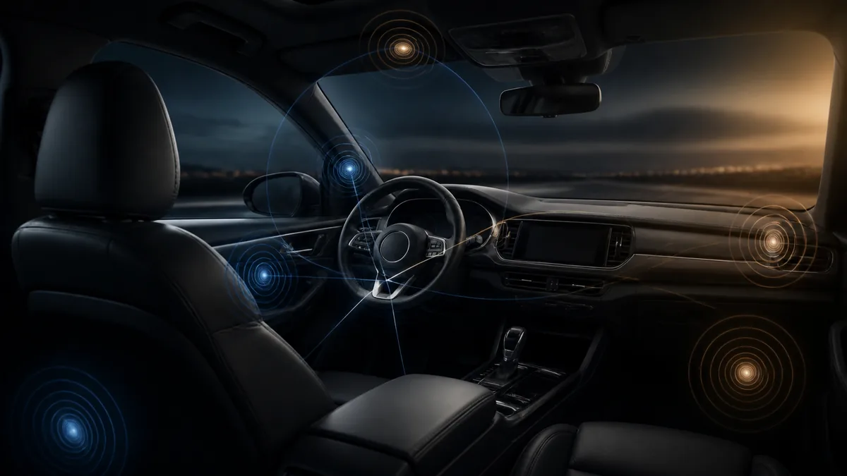 Driver seat surrounded by abstract concentric sound arrivals from several unbranded car speakers.