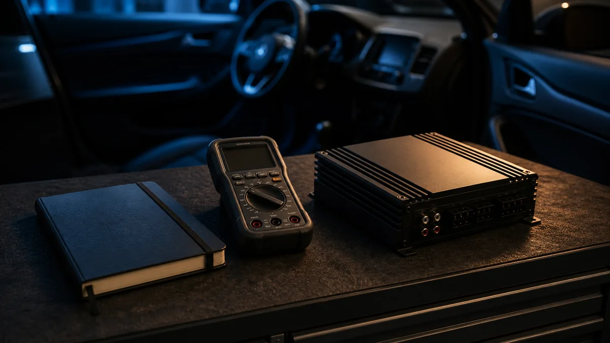 Technician-style diagnostic notebook and meter beside unbranded car-audio equipment with no exposed wiring.