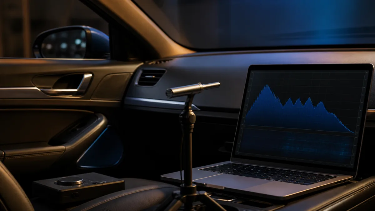 Measurement microphone and laptop with an abstract spectrum display inside an unbranded car cabin.