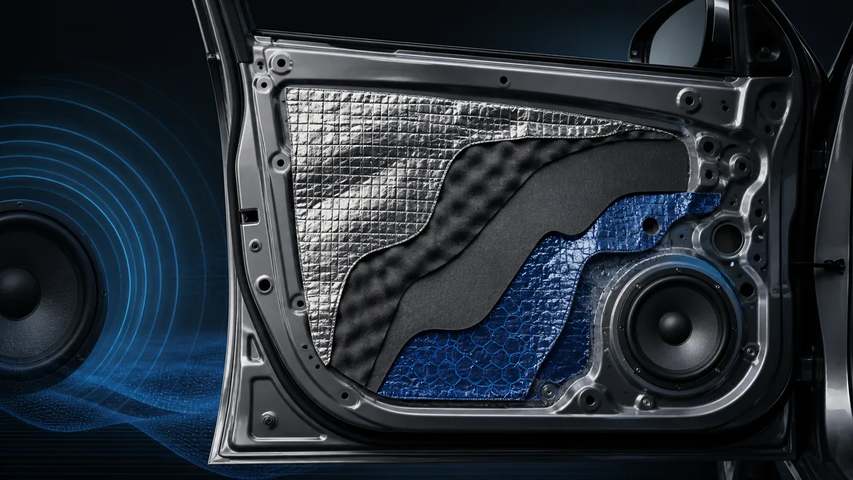 Generic car door inner panel and damping material arranged as a conceptual installation scene without coverage instructions.