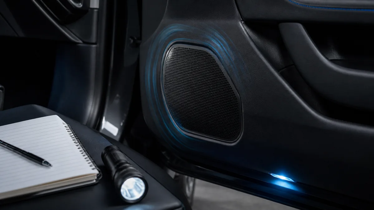 Generic car door speaker grille with a subtle vibration motif and no visible repair or wiring instruction.