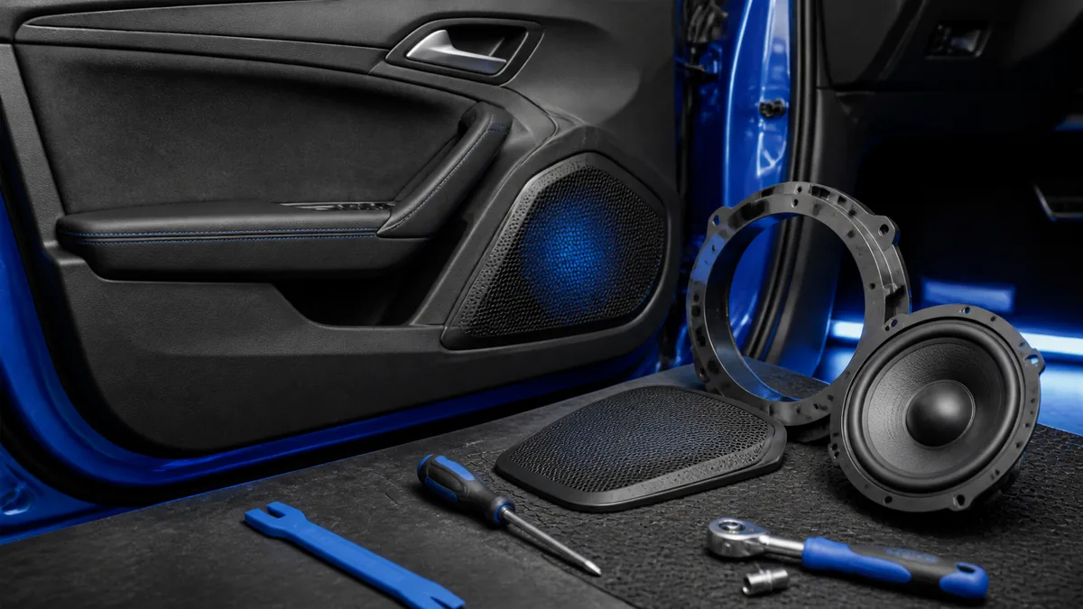Generic car door speaker, adapter ring, and closed installation manual arranged on a clean workbench.