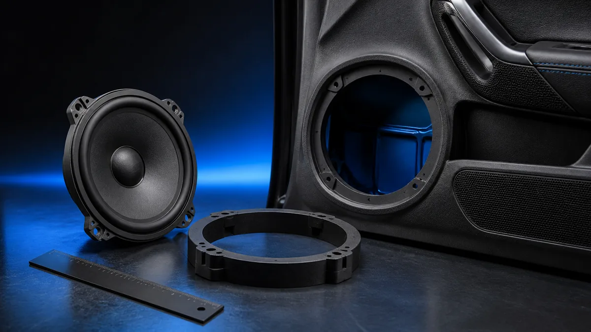 Generic car speakers and a neutral measuring template on a clean bench without vehicle-specific dimensions.