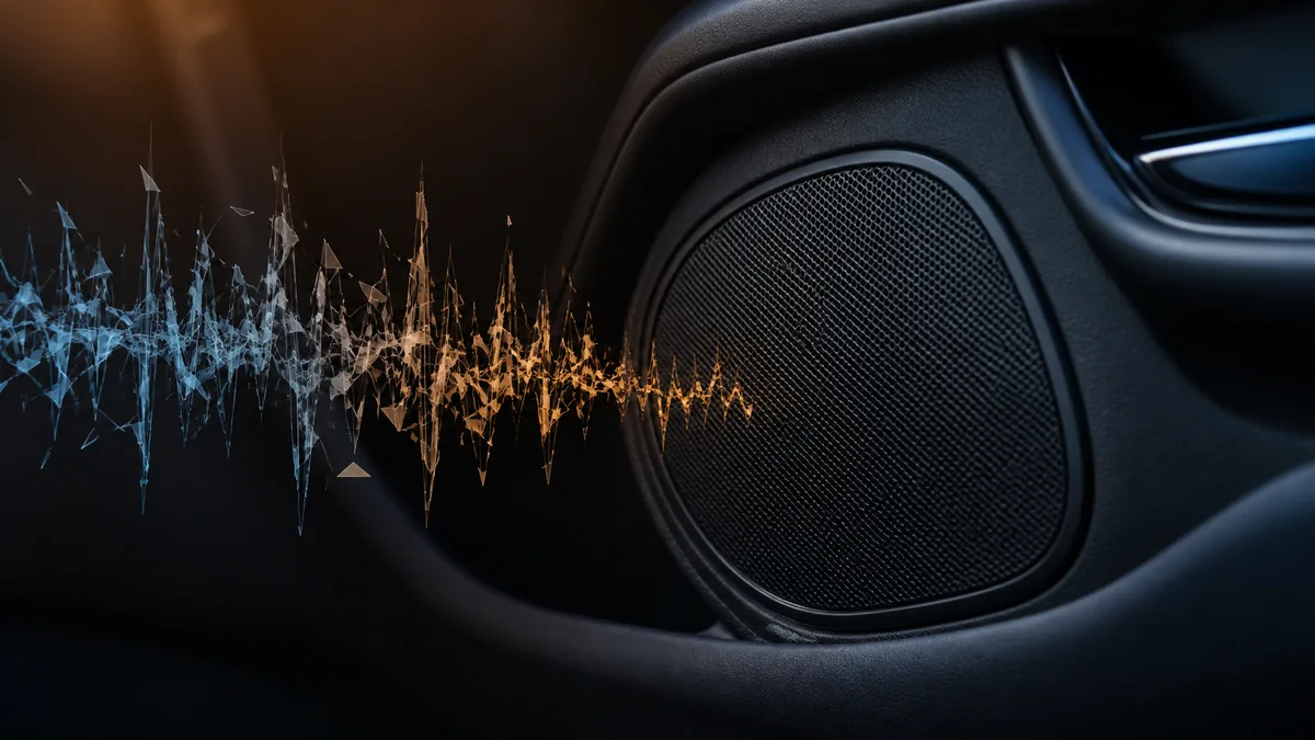Generic car speaker grille with an abstract irregular waveform suggesting intermittent crackling without technical wiring.