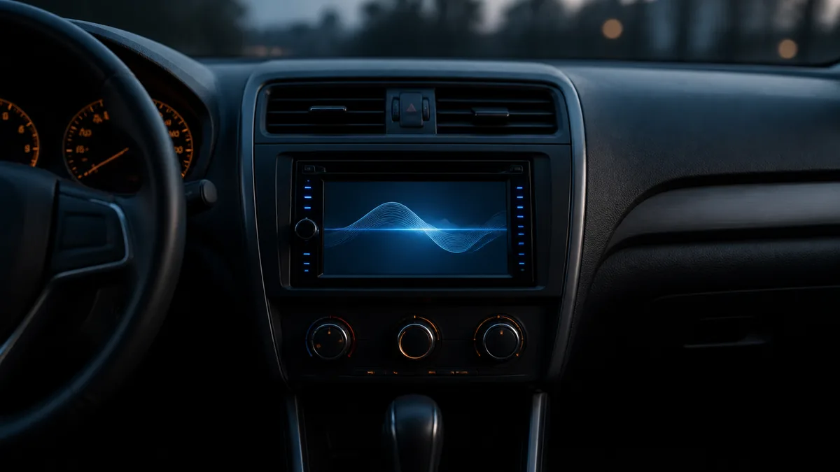 Unbranded illuminated car stereo display in a parked vehicle with muted speaker symbols represented abstractly.