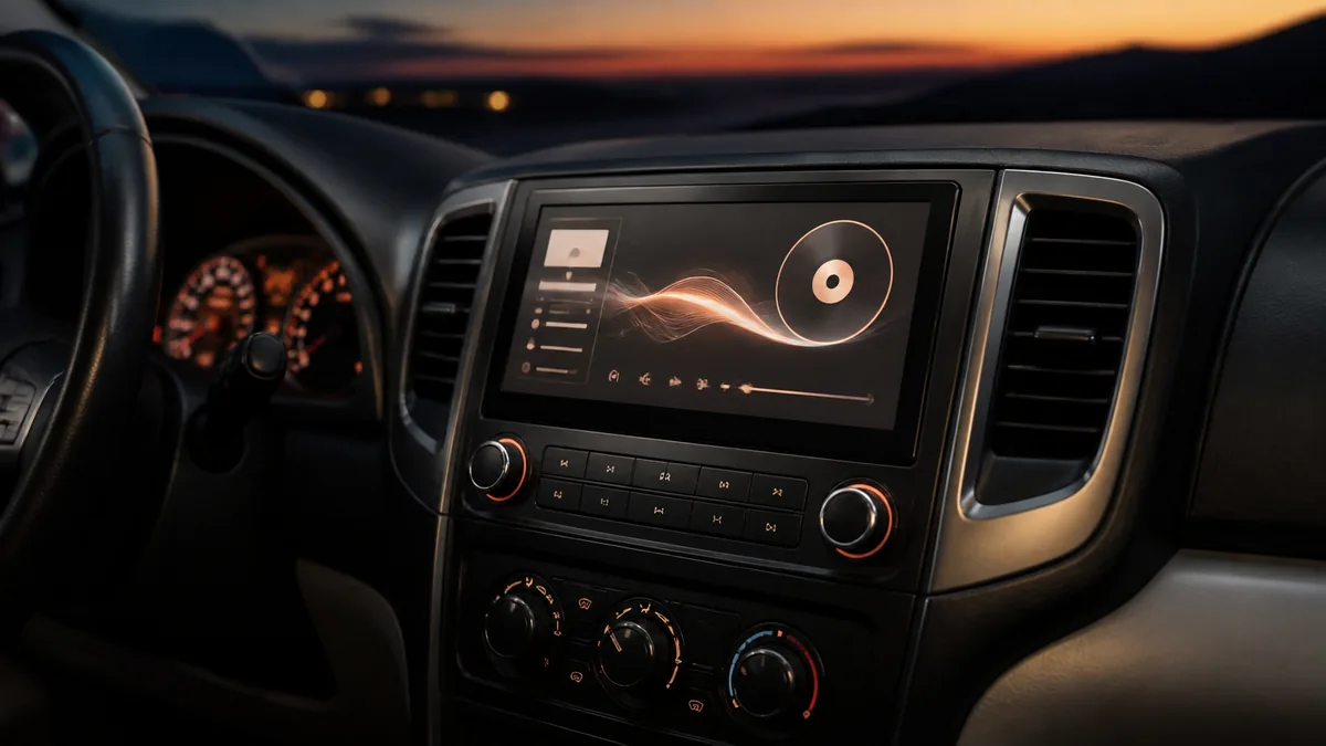 Conceptual illustration of an unbranded double-DIN head unit with an abstract media display in a dashboard at dusk.