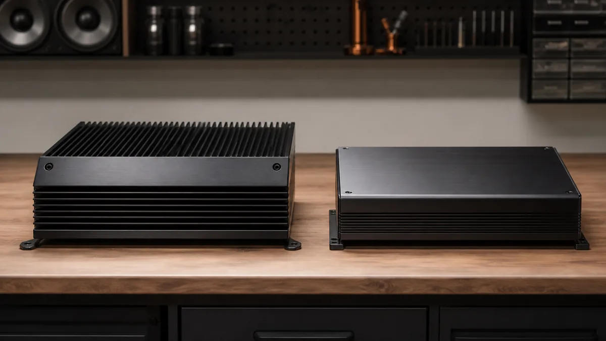 Two unbranded car amplifiers with different heat-sink proportions shown side by side in a neutral vehicle-audio workshop.