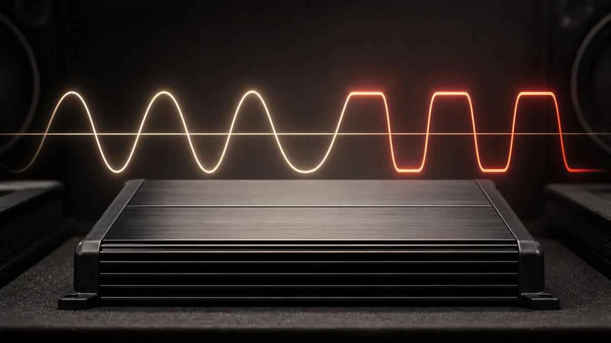 Conceptual illustration of a smooth audio waveform approaching a flattened output boundary beside an unbranded car amplifier.