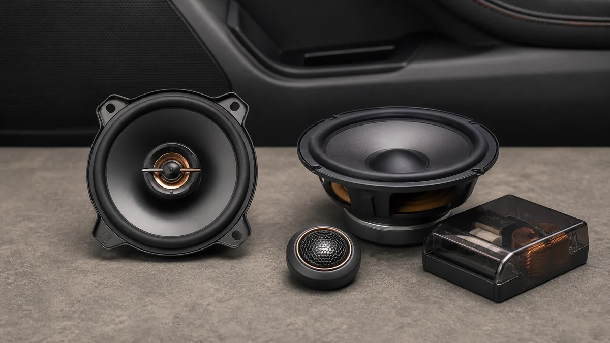 Conceptual side-by-side illustration of an unbranded coaxial car speaker and a separated woofer, tweeter, and crossover set.