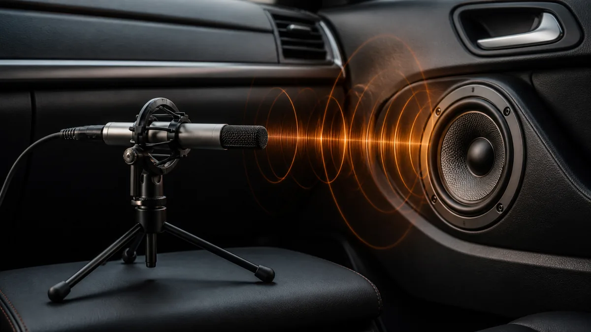Conceptual illustration of a measurement microphone facing a car door speaker with orange sound-pressure ripples.
