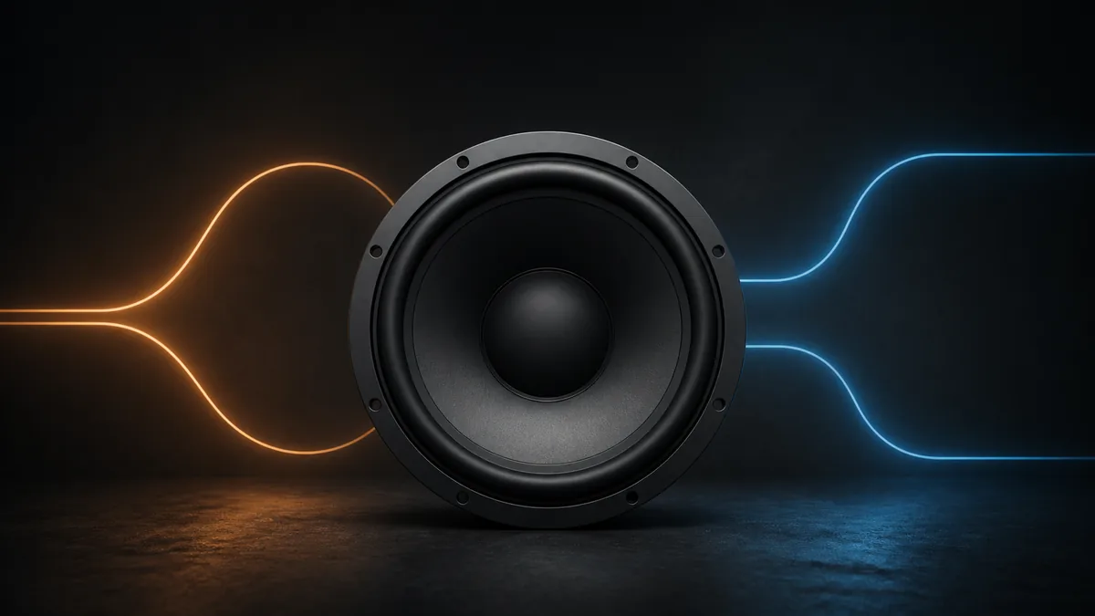 Unbranded car subwoofer with abstract orange and blue branching paths that do not show terminal connections.