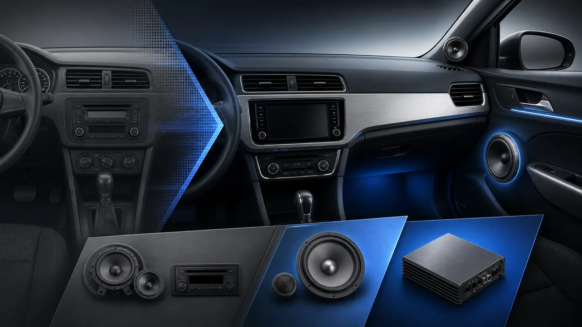 Generic factory car stereo, door speaker, amplifier, and subwoofer represented as separate staged upgrade objects.