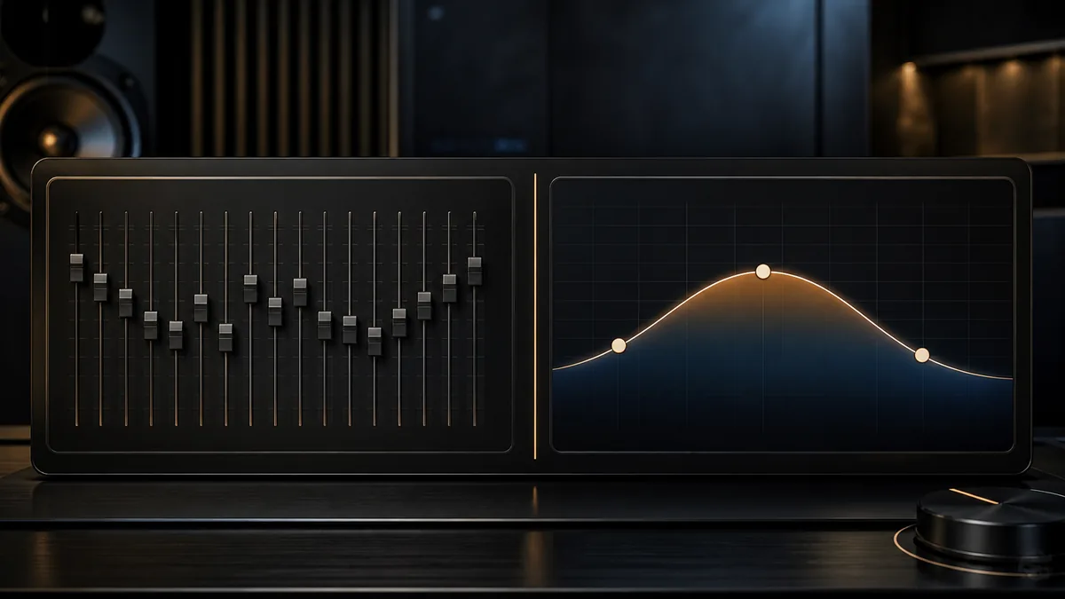 Abstract fixed-band equalizer sliders beside a smooth parametric EQ curve on an unbranded car-audio display.