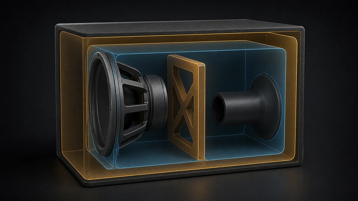 Cutaway unbranded subwoofer enclosure with abstract nested volumes and no construction dimensions.