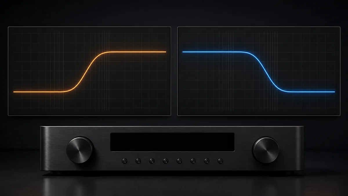 Abstract high-pass and low-pass frequency curves glowing above an unbranded car-audio processor.