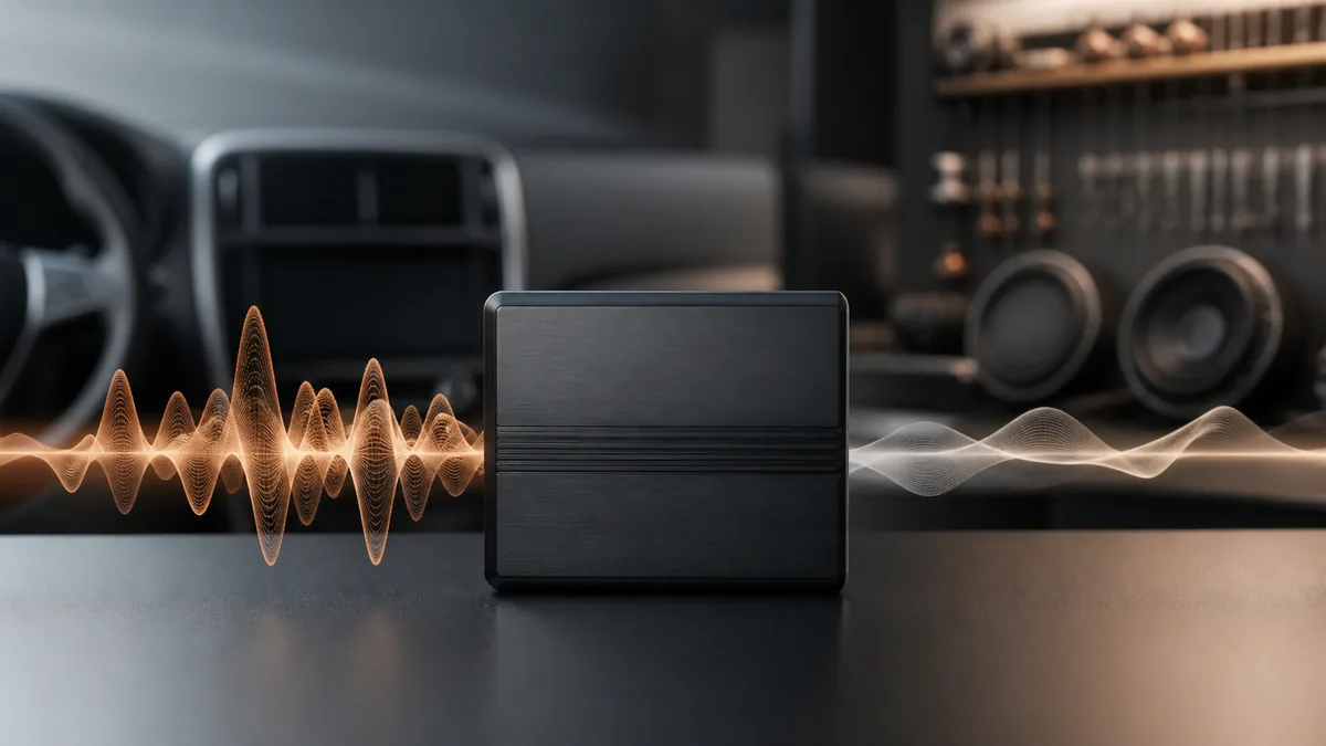 Conceptual illustration of an unbranded line output converter between a factory audio source and an aftermarket amplifier.