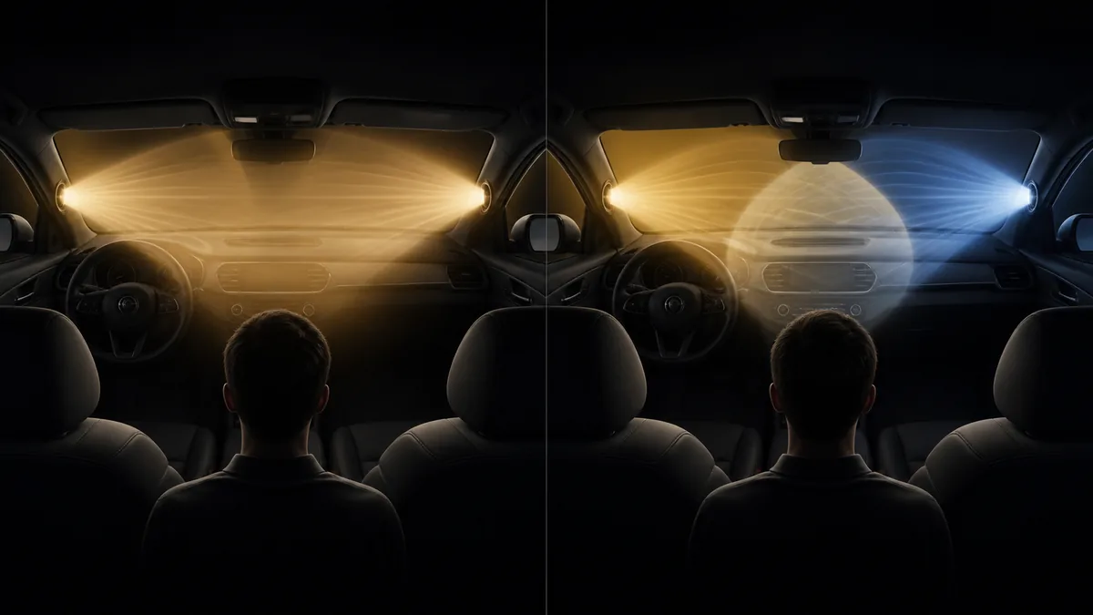 Conceptual illustration contrasting one unified car-cabin sound field with two overlapping stereo sound fields.